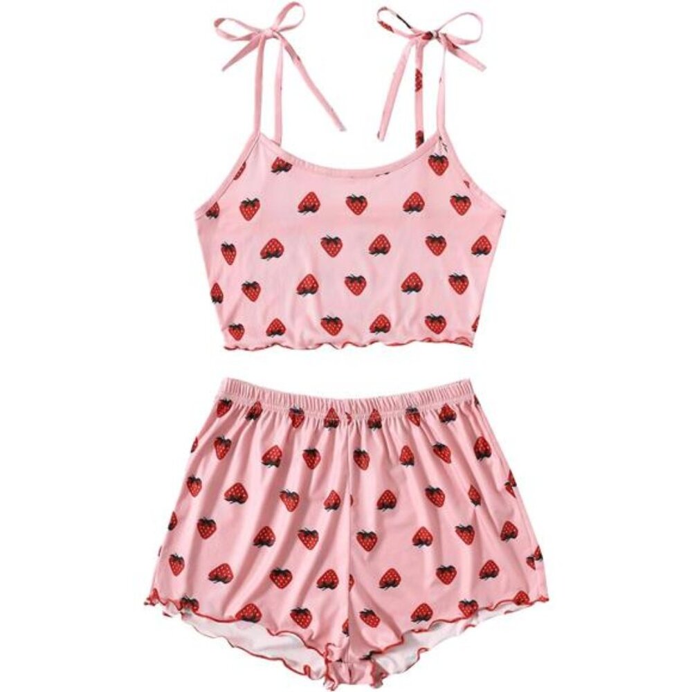 Women's Summer Strawberry Print Cami Top and Shorts Sleepwear Pajamas Set